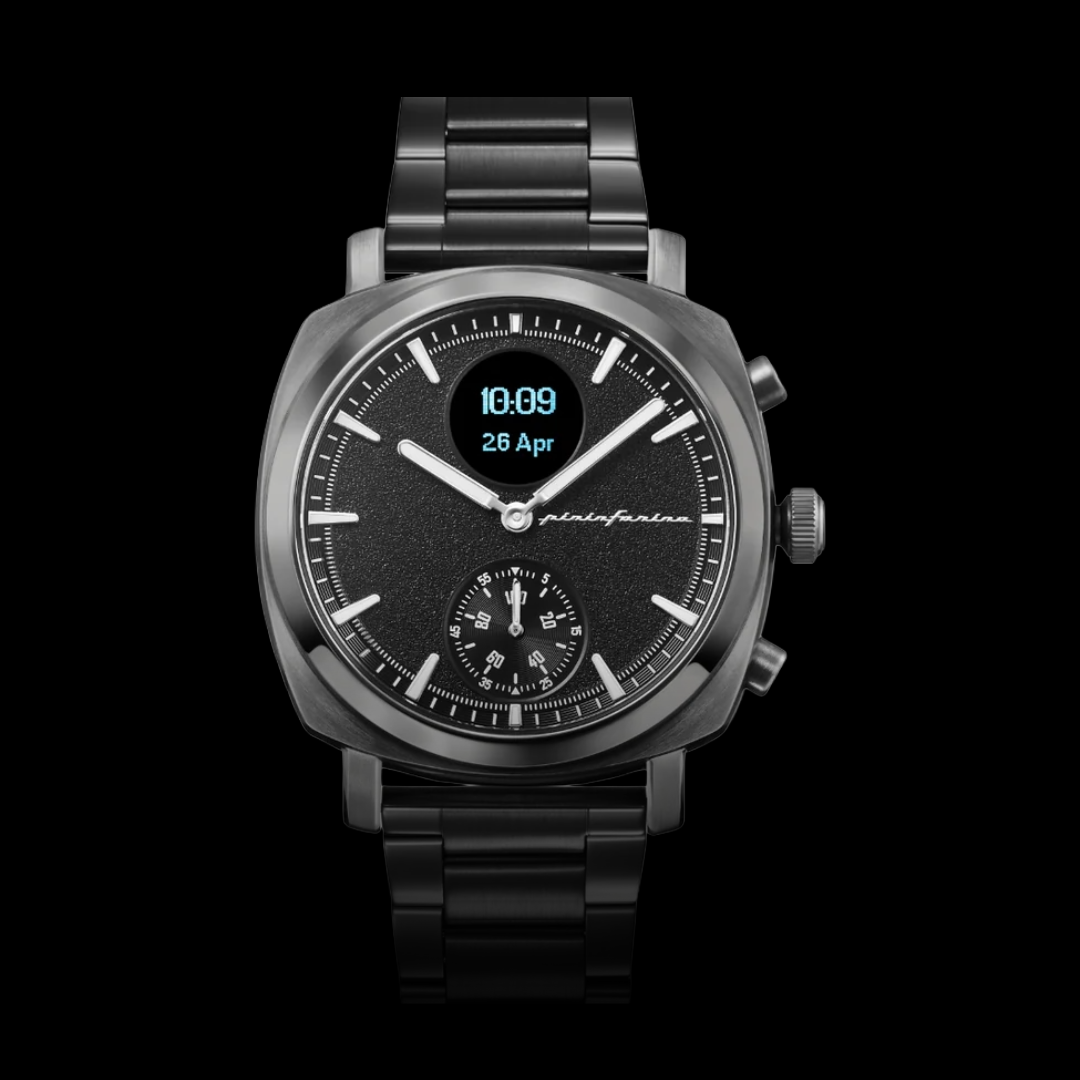 Black smartwatch with digital display on a black background